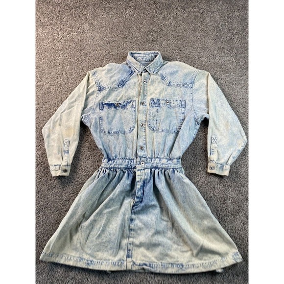 VINTAGE Calvin Klein Dress Womens 5/6 Blue Acid Wash Button Front Pockets 80s - Picture 3 of 15